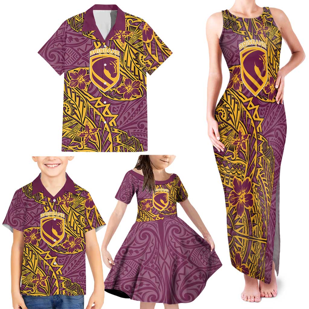 Personalised Brisbane Broncos Family Matching Tank Maxi Dress and Hawaiian Shirt Polynesian Tribal Pattern With Rugby Horse Mascot Art