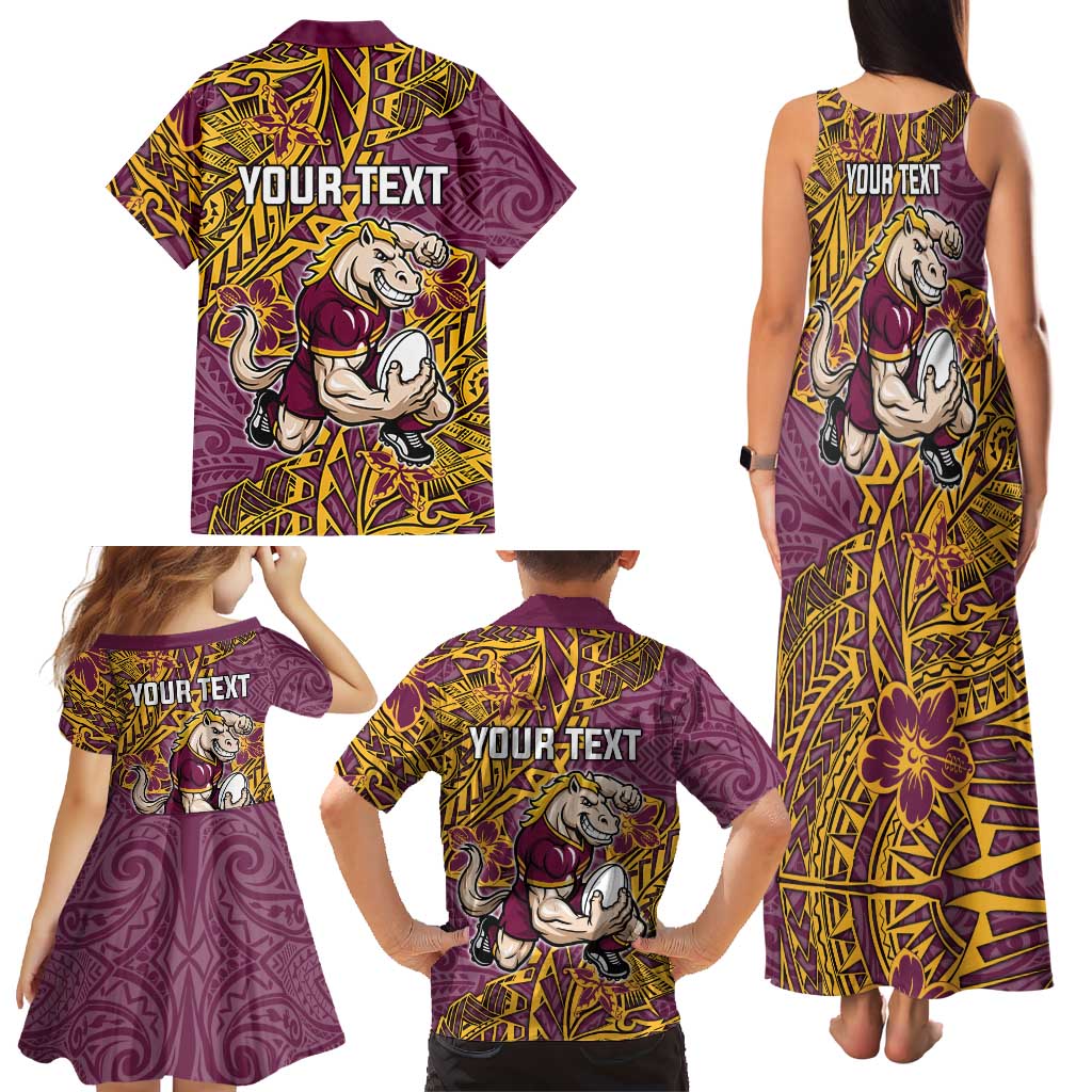 Personalised Brisbane Broncos Family Matching Tank Maxi Dress and Hawaiian Shirt Polynesian Tribal Pattern With Rugby Horse Mascot Art