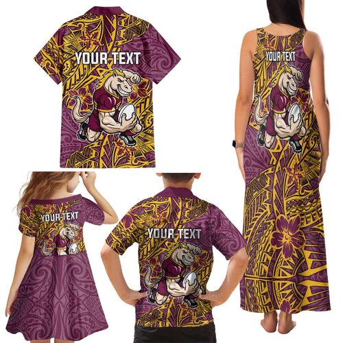 Personalised Brisbane Broncos Family Matching Tank Maxi Dress and Hawaiian Shirt Polynesian Tribal Pattern With Rugby Horse Mascot Art