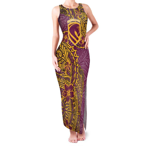 Personalised Brisbane Broncos Family Matching Tank Maxi Dress and Hawaiian Shirt Polynesian Tribal Pattern With Rugby Horse Mascot Art