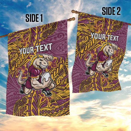 Personalised Brisbane Broncos Garden Flag Polynesian Tribal Pattern With Rugby Horse Mascot Art
