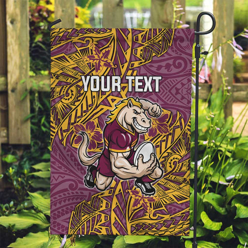 Personalised Brisbane Broncos Garden Flag Polynesian Tribal Pattern With Rugby Horse Mascot Art
