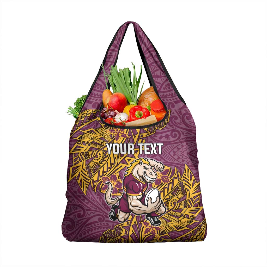 Personalised Brisbane Broncos Grocery Bag Polynesian Tribal Pattern With Rugby Horse Mascot Art