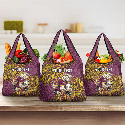 Personalised Brisbane Broncos Grocery Bag Polynesian Tribal Pattern With Rugby Horse Mascot Art