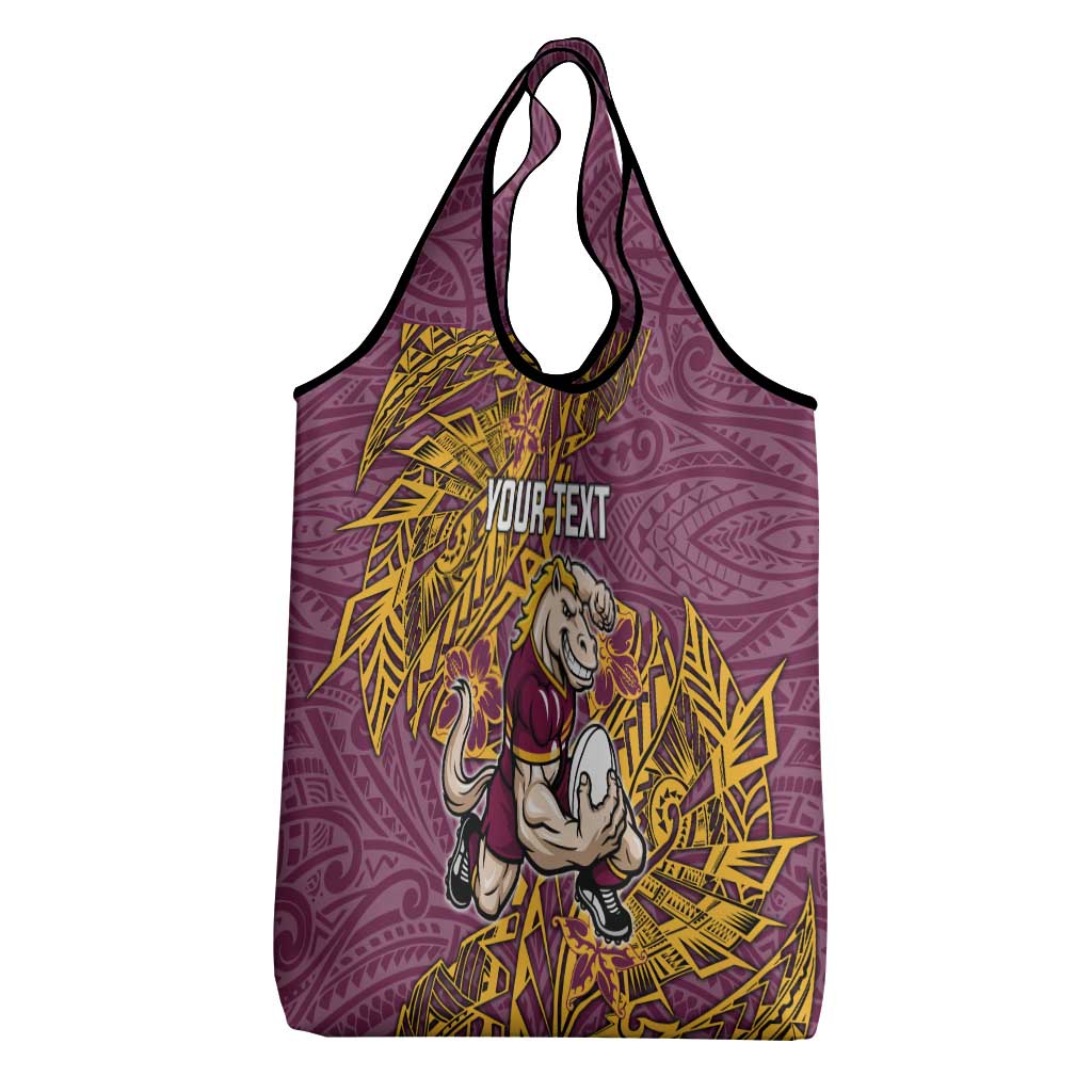 Personalised Brisbane Broncos Grocery Bag Polynesian Tribal Pattern With Rugby Horse Mascot Art