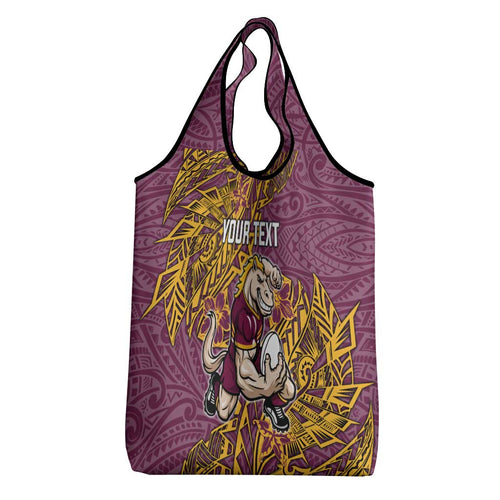 Personalised Brisbane Broncos Grocery Bag Polynesian Tribal Pattern With Rugby Horse Mascot Art