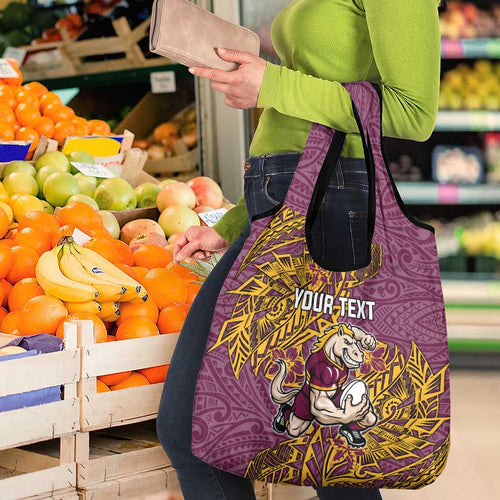 Personalised Brisbane Broncos Grocery Bag Polynesian Tribal Pattern With Rugby Horse Mascot Art