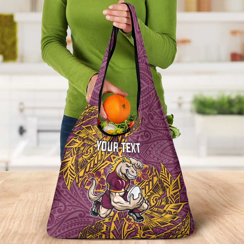 Personalised Brisbane Broncos Grocery Bag Polynesian Tribal Pattern With Rugby Horse Mascot Art