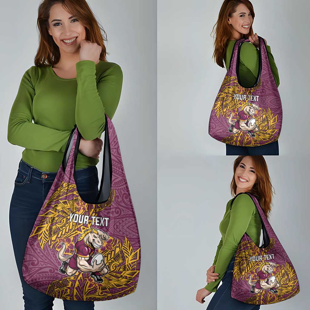 Personalised Brisbane Broncos Grocery Bag Polynesian Tribal Pattern With Rugby Horse Mascot Art