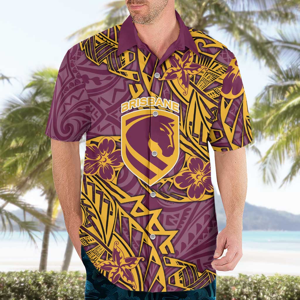 Personalised Brisbane Broncos Hawaiian Shirt Polynesian Tribal Pattern With Rugby Horse Mascot Art