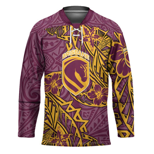 Personalised Brisbane Broncos Hockey Jersey Polynesian Tribal Pattern With Rugby Horse Mascot Art
