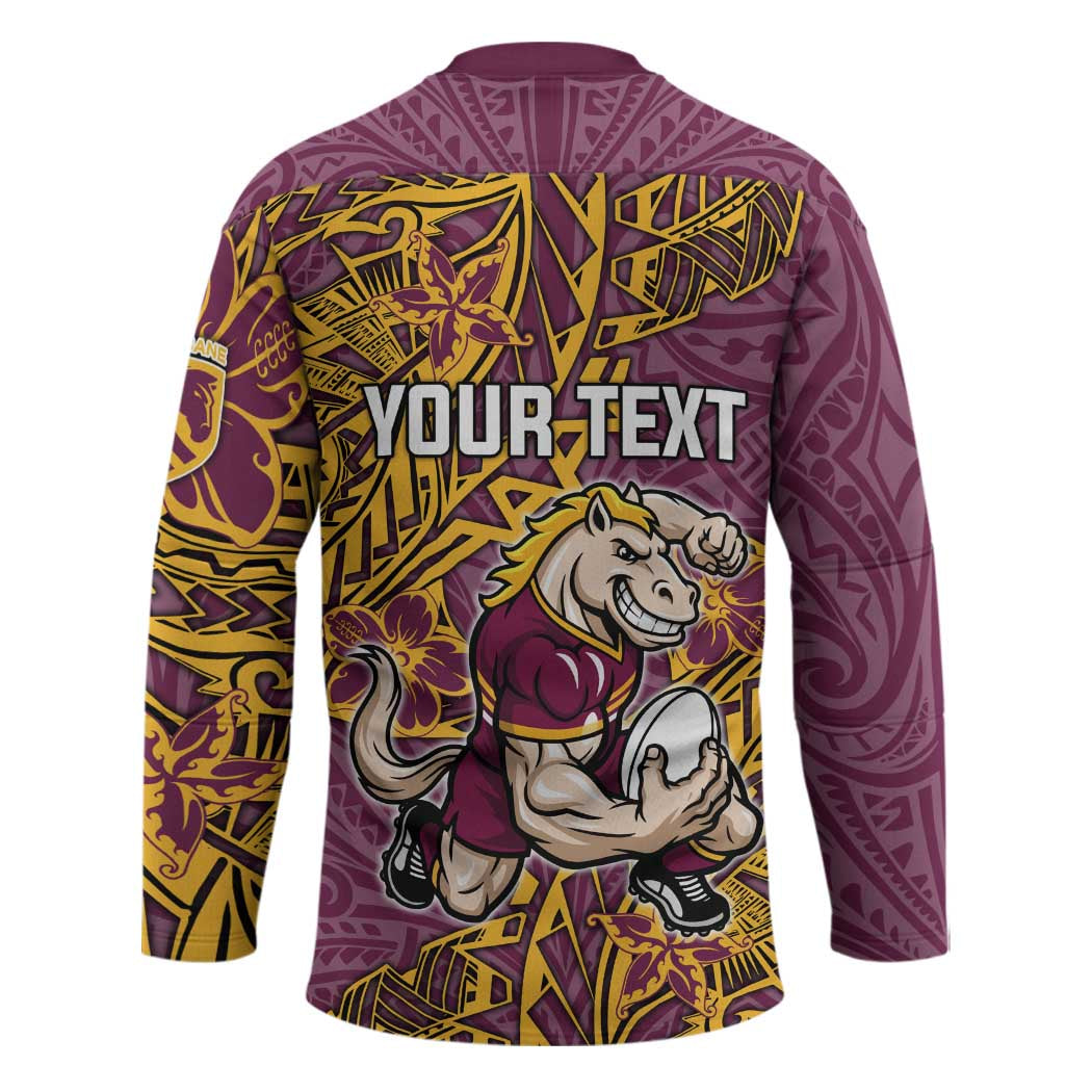 Personalised Brisbane Broncos Hockey Jersey Polynesian Tribal Pattern With Rugby Horse Mascot Art