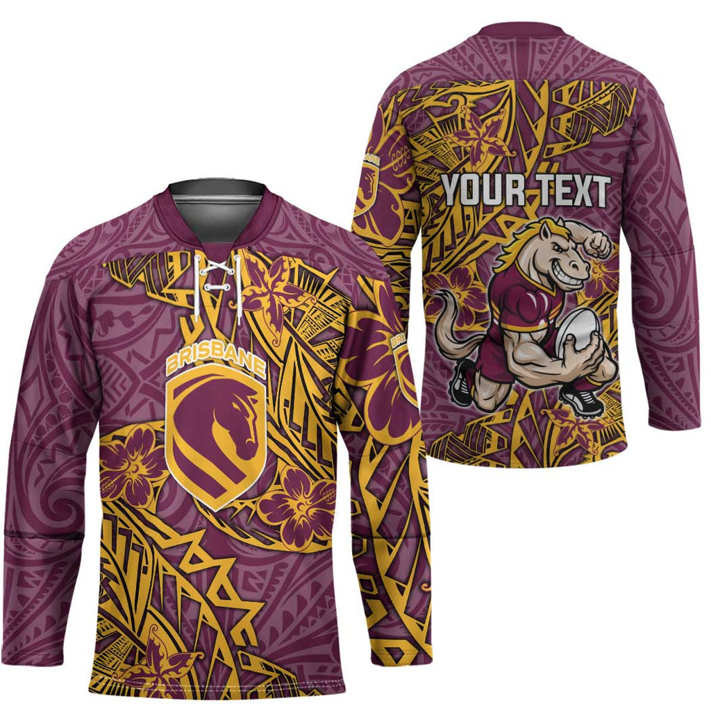 Personalised Brisbane Broncos Hockey Jersey Polynesian Tribal Pattern With Rugby Horse Mascot Art