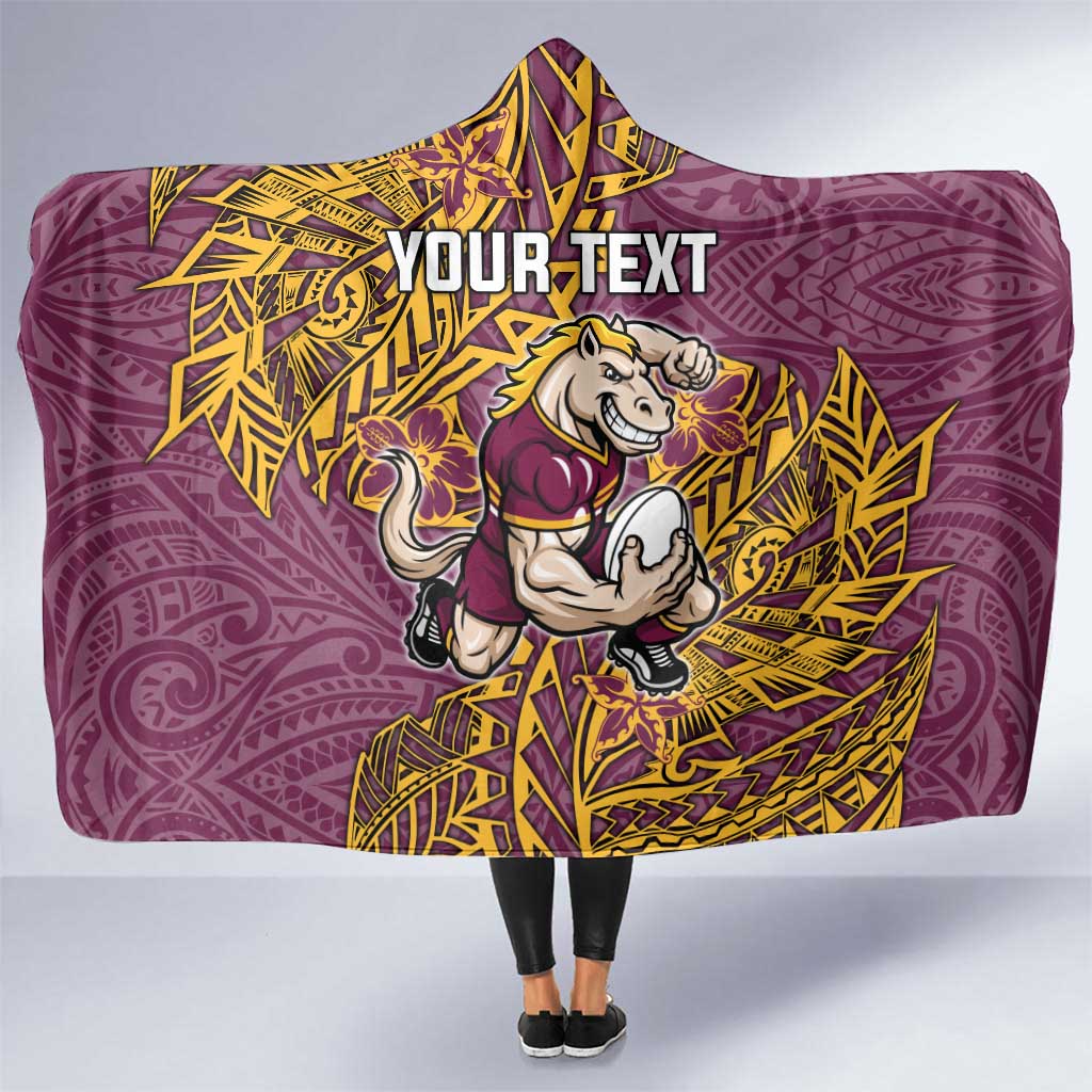 Personalised Brisbane Broncos Hooded Blanket Polynesian Tribal Pattern With Rugby Horse Mascot Art