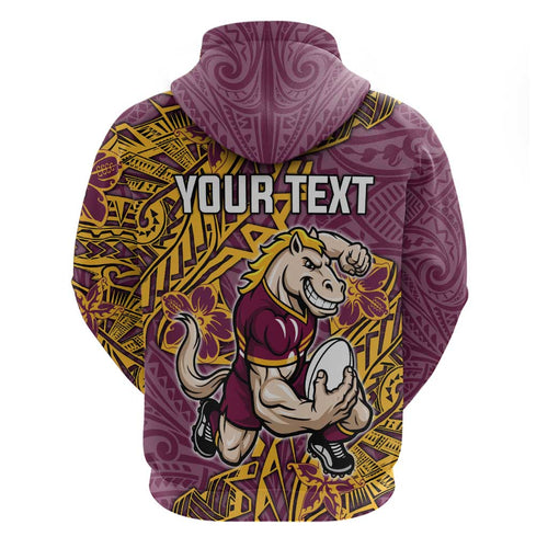Personalised Brisbane Broncos Hoodie Polynesian Tribal Pattern With Rugby Horse Mascot Art