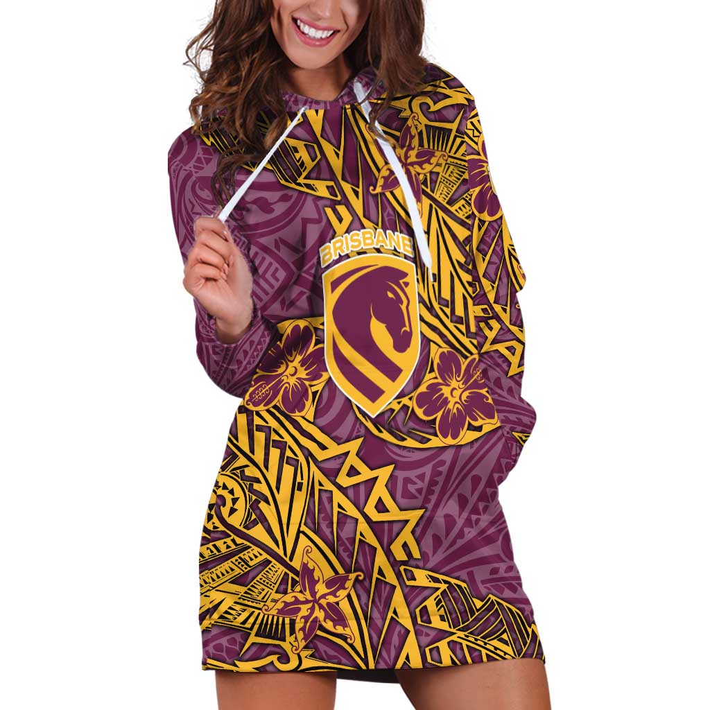 Personalised Brisbane Broncos Hoodie Dress Polynesian Tribal Pattern With Rugby Horse Mascot Art