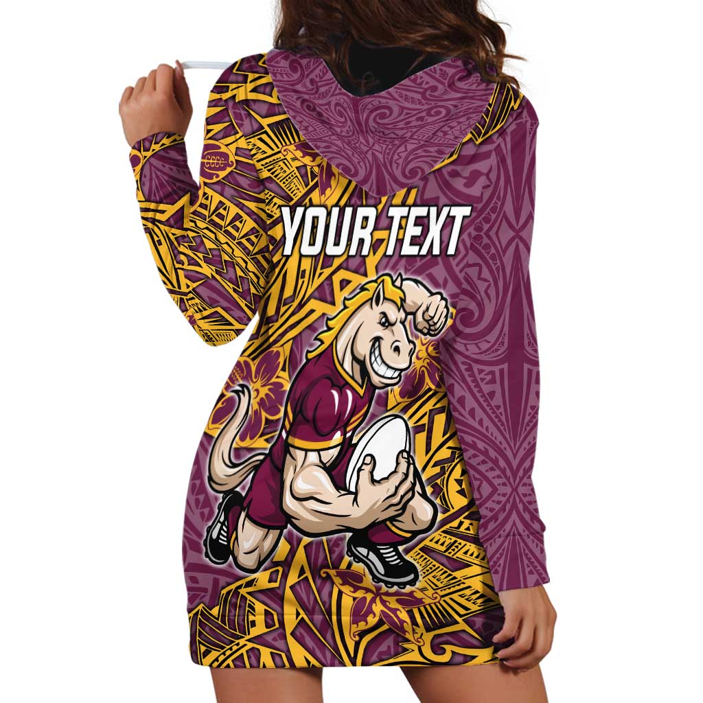 Personalised Brisbane Broncos Hoodie Dress Polynesian Tribal Pattern With Rugby Horse Mascot Art