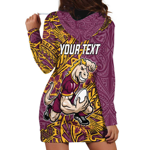 Personalised Brisbane Broncos Hoodie Dress Polynesian Tribal Pattern With Rugby Horse Mascot Art