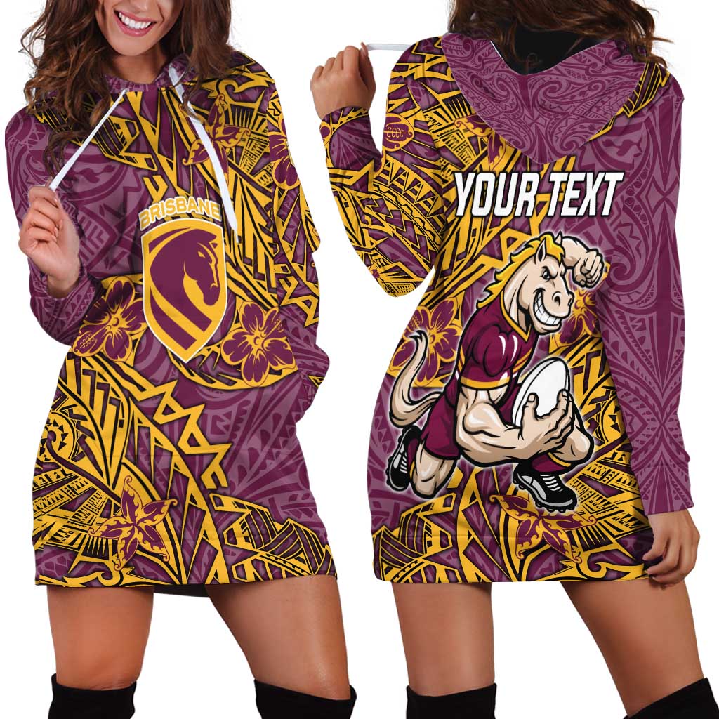 Personalised Brisbane Broncos Hoodie Dress Polynesian Tribal Pattern With Rugby Horse Mascot Art