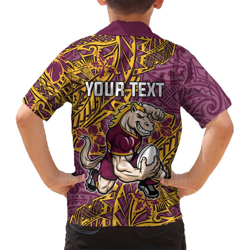 Personalised Brisbane Broncos Kid Hawaiian Shirt Polynesian Tribal Pattern With Rugby Horse Mascot Art