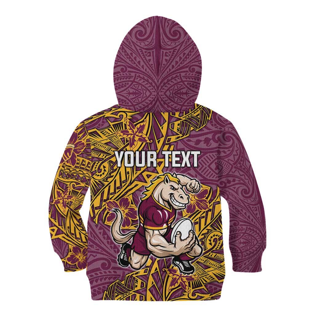 Personalised Brisbane Broncos Kid Hoodie Polynesian Tribal Pattern With Rugby Horse Mascot Art