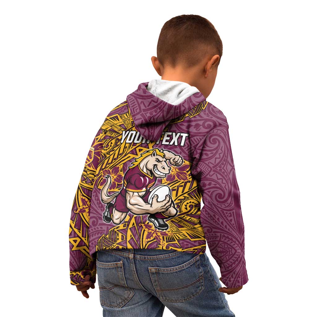 Personalised Brisbane Broncos Kid Hoodie Polynesian Tribal Pattern With Rugby Horse Mascot Art