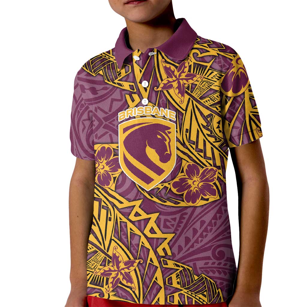 Personalised Brisbane Broncos Kid Polo Shirt Polynesian Tribal Pattern With Rugby Horse Mascot Art