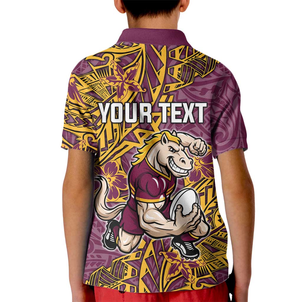 Personalised Brisbane Broncos Kid Polo Shirt Polynesian Tribal Pattern With Rugby Horse Mascot Art