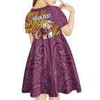 Personalised Brisbane Broncos Kid Short Sleeve Dress Polynesian Tribal Pattern With Rugby Horse Mascot Art