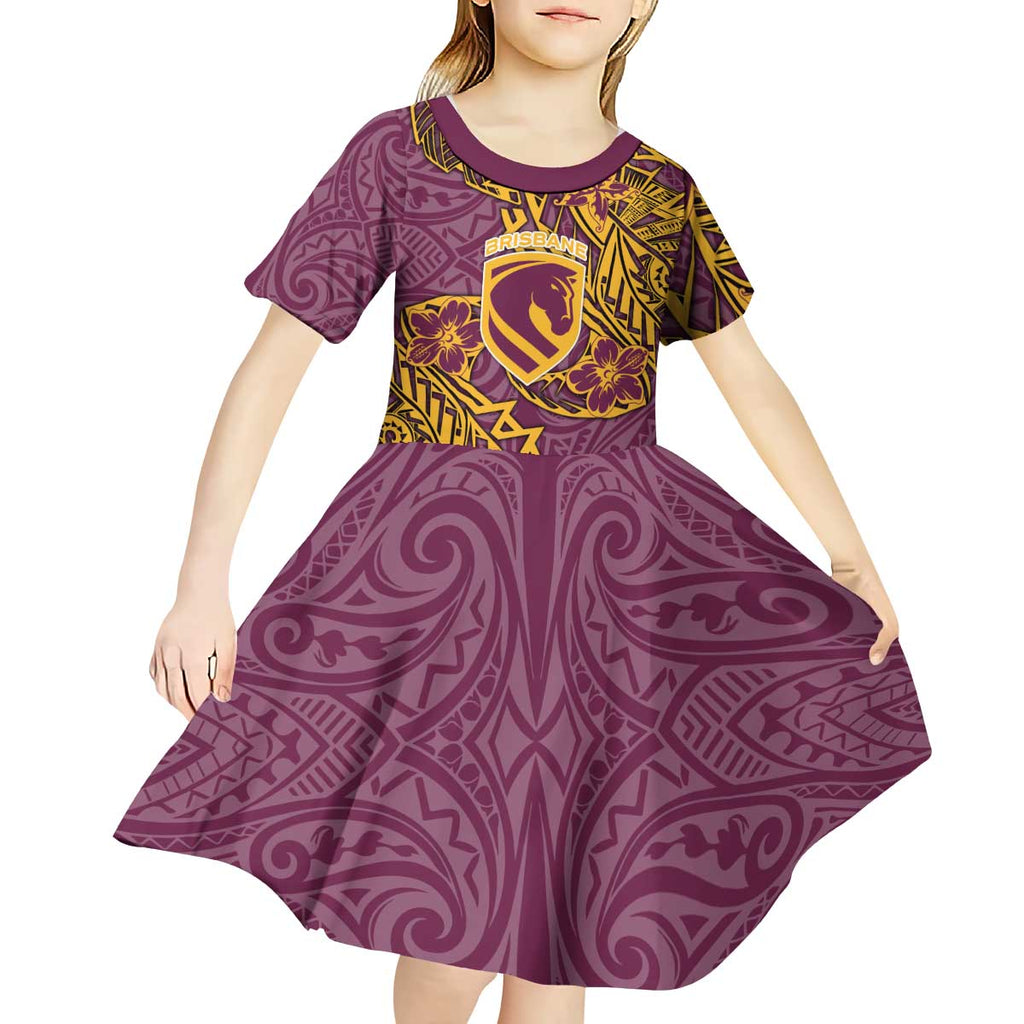 Personalised Brisbane Broncos Kid Short Sleeve Dress Polynesian Tribal Pattern With Rugby Horse Mascot Art