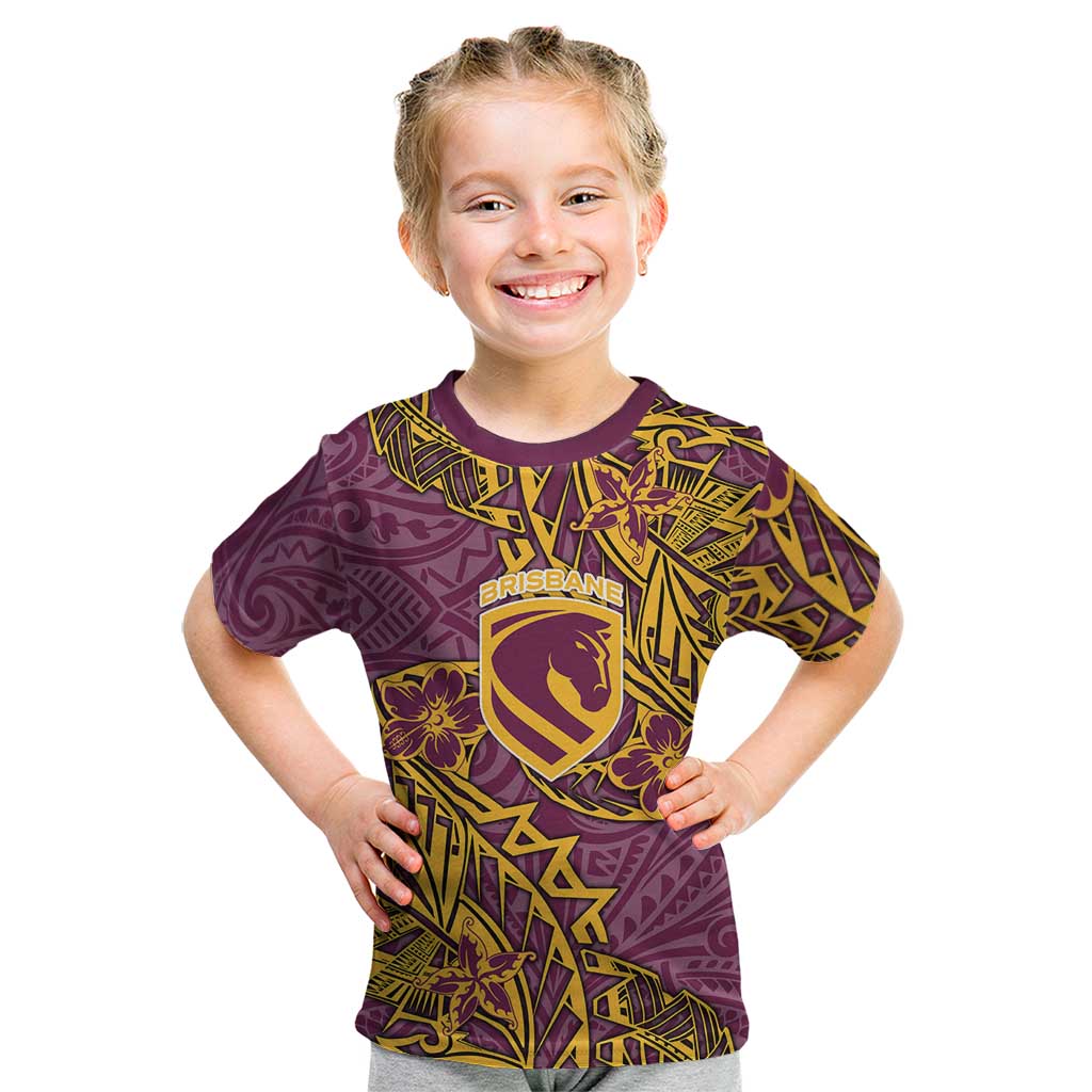Personalised Brisbane Broncos Kid T Shirt Polynesian Tribal Pattern With Rugby Horse Mascot Art