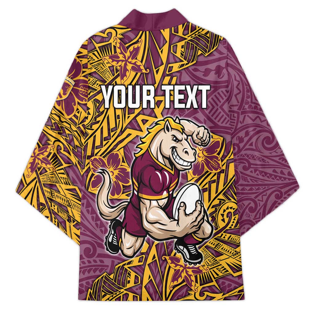 Personalised Brisbane Broncos Kimono Polynesian Tribal Pattern With Rugby Horse Mascot Art