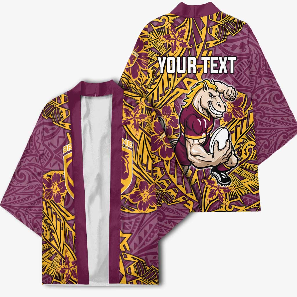 Personalised Brisbane Broncos Kimono Polynesian Tribal Pattern With Rugby Horse Mascot Art