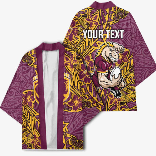 Personalised Brisbane Broncos Kimono Polynesian Tribal Pattern With Rugby Horse Mascot Art