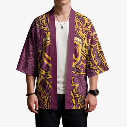 Personalised Brisbane Broncos Kimono Polynesian Tribal Pattern With Rugby Horse Mascot Art