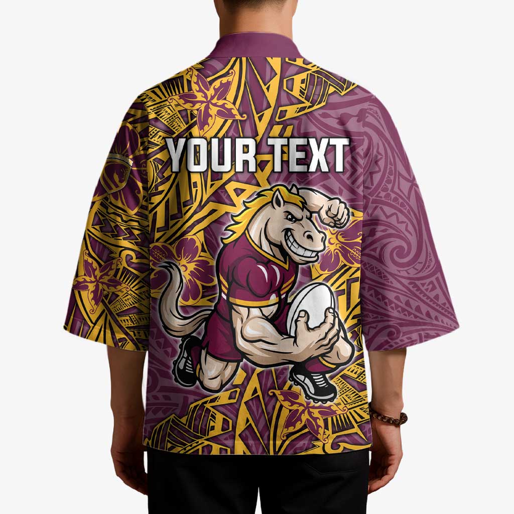 Personalised Brisbane Broncos Kimono Polynesian Tribal Pattern With Rugby Horse Mascot Art