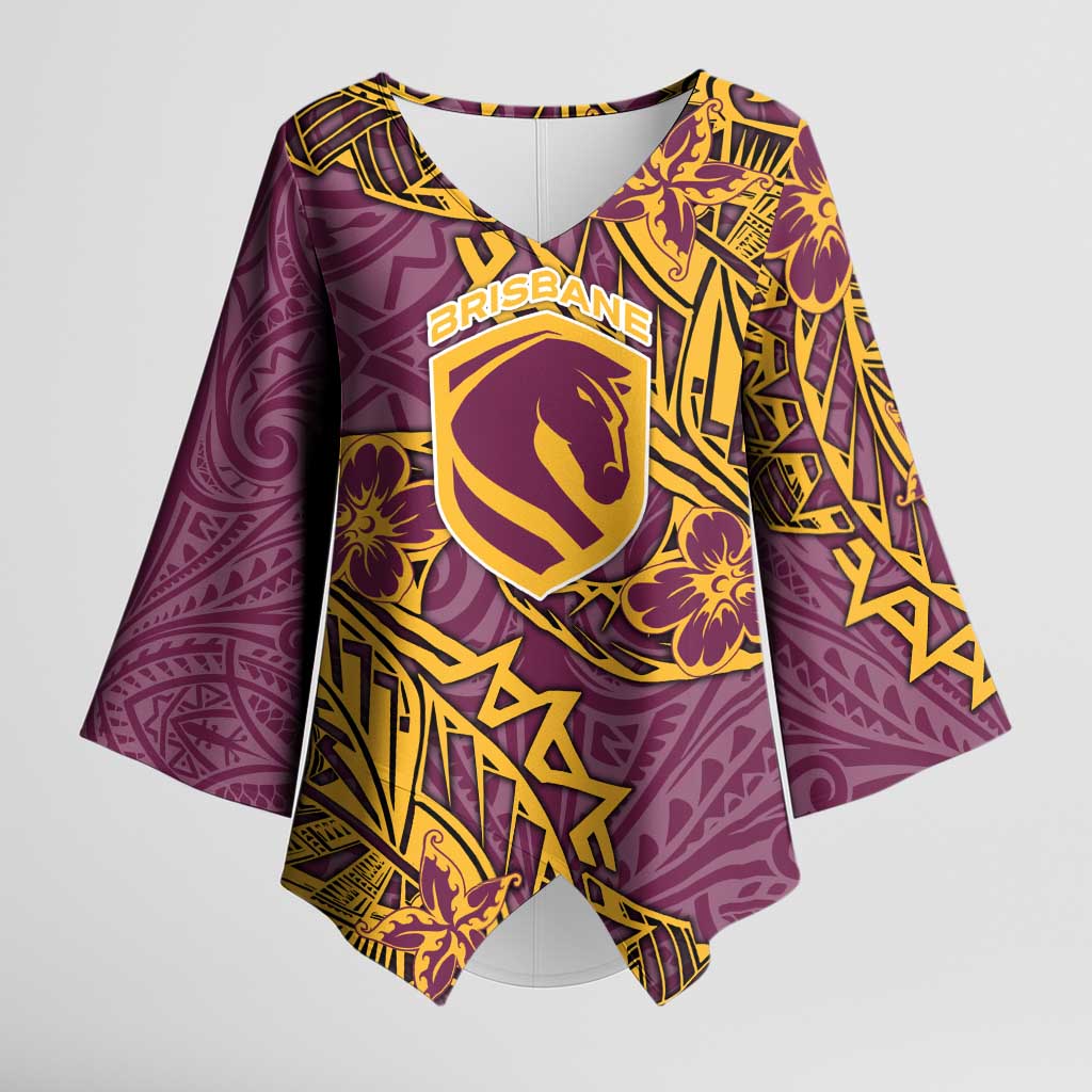 Personalised Brisbane Broncos Kimono Sleeve Blouse Polynesian Tribal Pattern With Rugby Horse Mascot Art