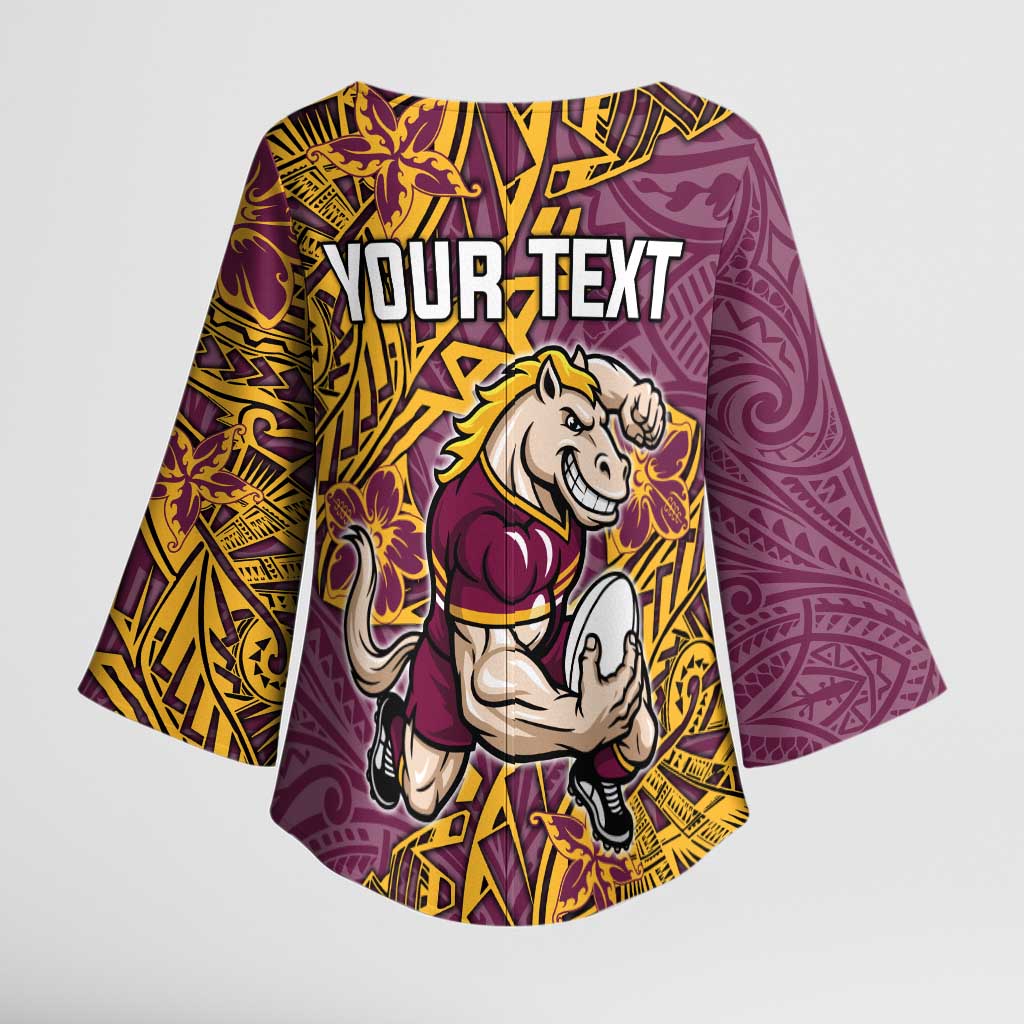 Personalised Brisbane Broncos Kimono Sleeve Blouse Polynesian Tribal Pattern With Rugby Horse Mascot Art