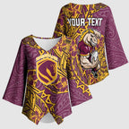 Personalised Brisbane Broncos Kimono Sleeve Blouse Polynesian Tribal Pattern With Rugby Horse Mascot Art