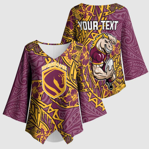 Personalised Brisbane Broncos Kimono Sleeve Blouse Polynesian Tribal Pattern With Rugby Horse Mascot Art