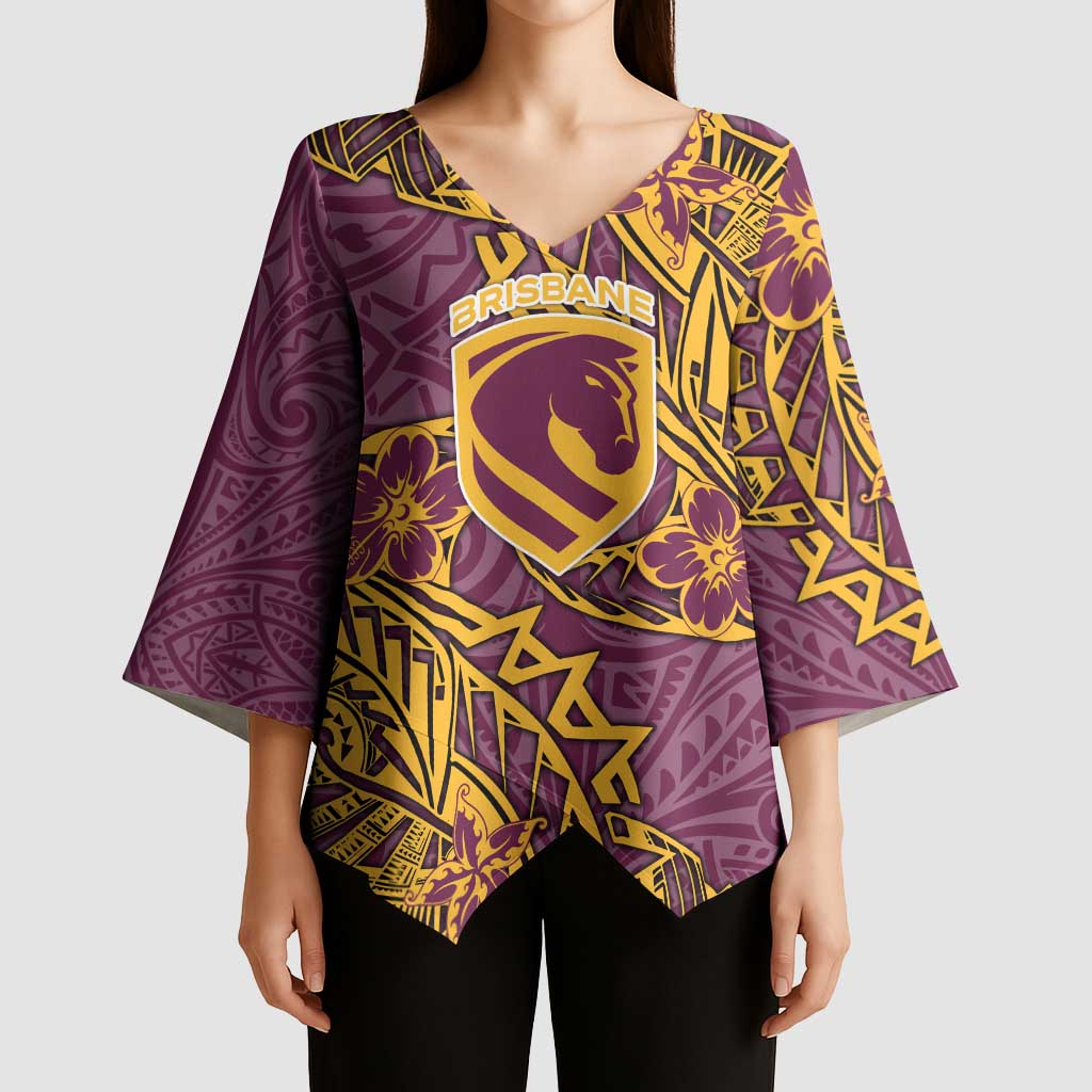 Personalised Brisbane Broncos Kimono Sleeve Blouse Polynesian Tribal Pattern With Rugby Horse Mascot Art
