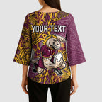Personalised Brisbane Broncos Kimono Sleeve Blouse Polynesian Tribal Pattern With Rugby Horse Mascot Art