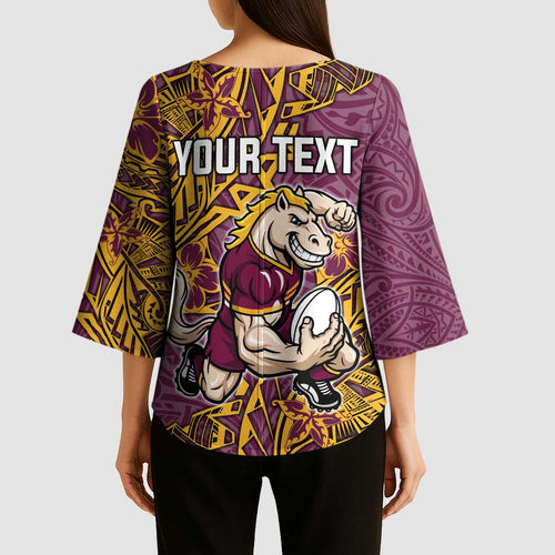 Personalised Brisbane Broncos Kimono Sleeve Blouse Polynesian Tribal Pattern With Rugby Horse Mascot Art