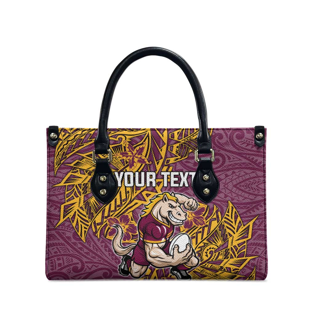 Personalised Brisbane Broncos Leather Bag Polynesian Tribal Pattern With Rugby Horse Mascot Art