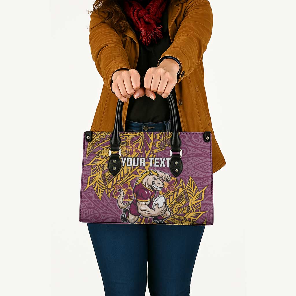 Personalised Brisbane Broncos Leather Bag Polynesian Tribal Pattern With Rugby Horse Mascot Art