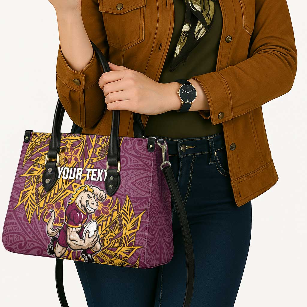 Personalised Brisbane Broncos Leather Bag Polynesian Tribal Pattern With Rugby Horse Mascot Art