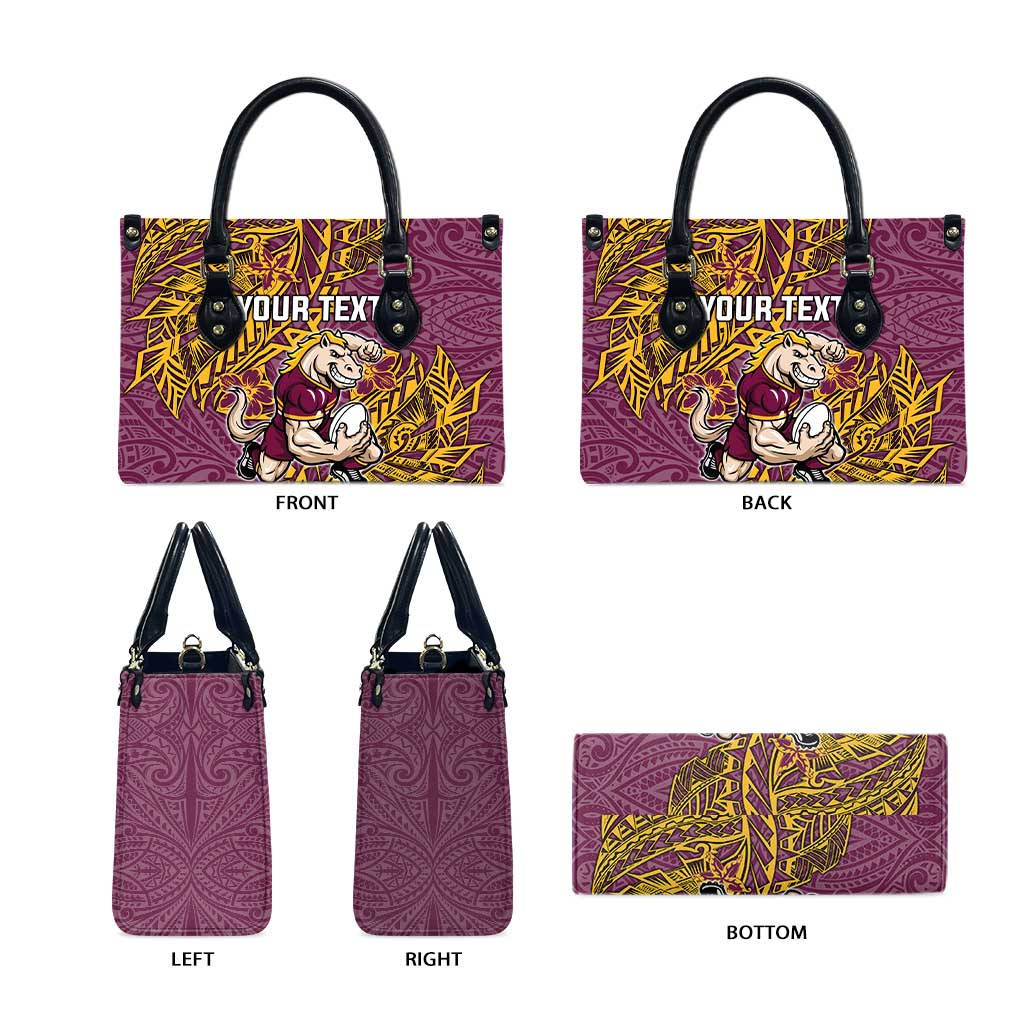 Personalised Brisbane Broncos Leather Bag Polynesian Tribal Pattern With Rugby Horse Mascot Art