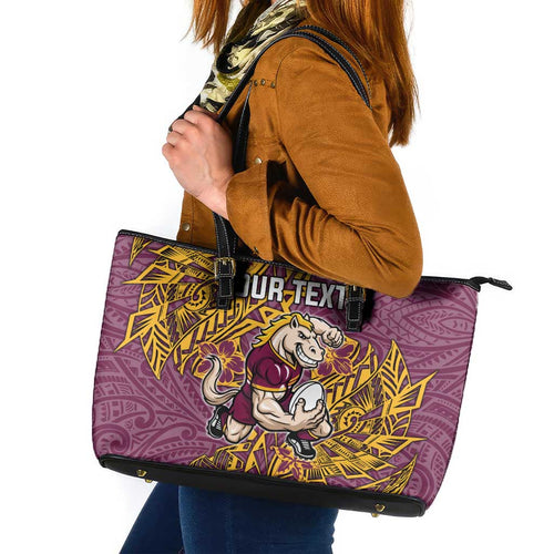 Personalised Brisbane Broncos Leather Tote Bag Polynesian Tribal Pattern With Rugby Horse Mascot Art