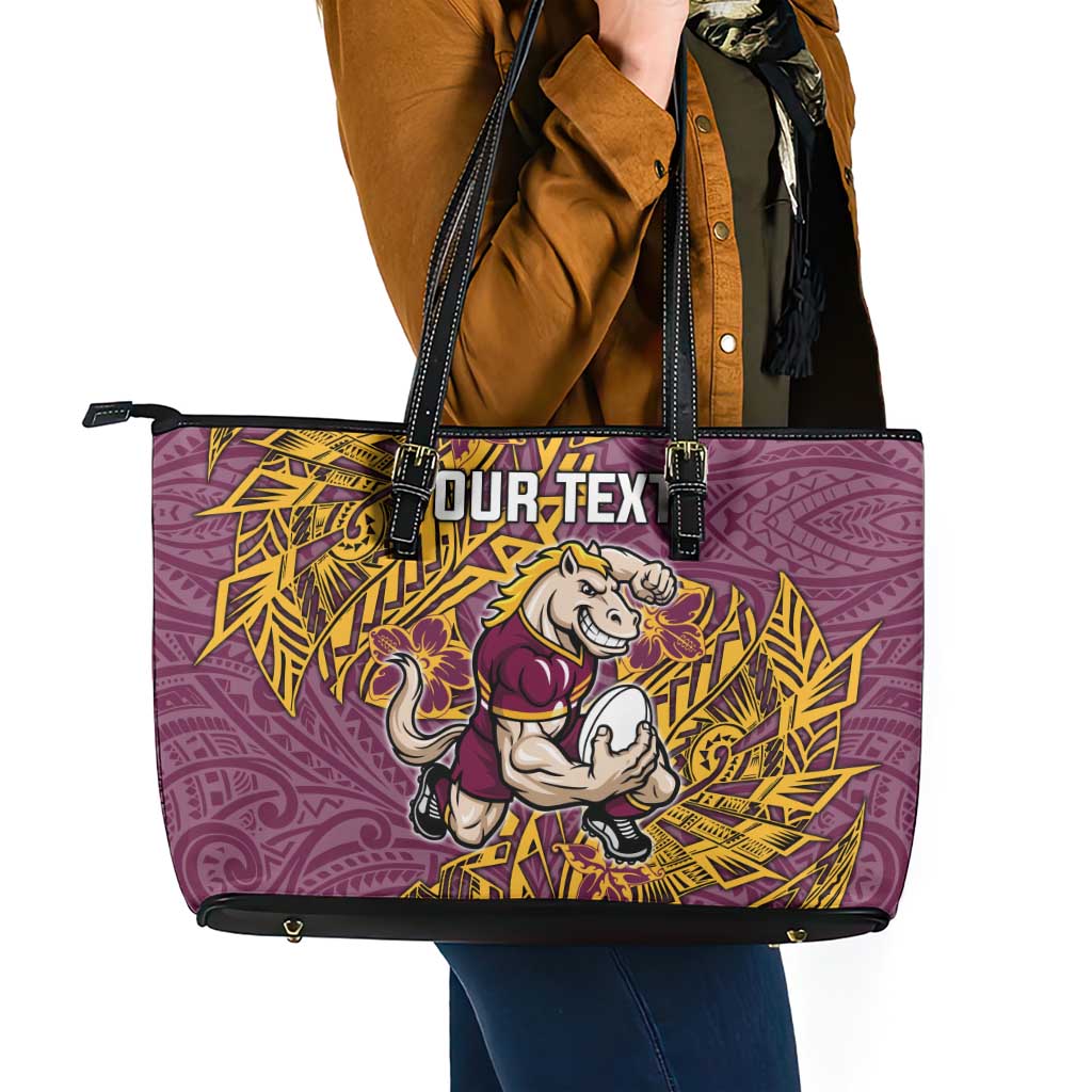 Personalised Brisbane Broncos Leather Tote Bag Polynesian Tribal Pattern With Rugby Horse Mascot Art
