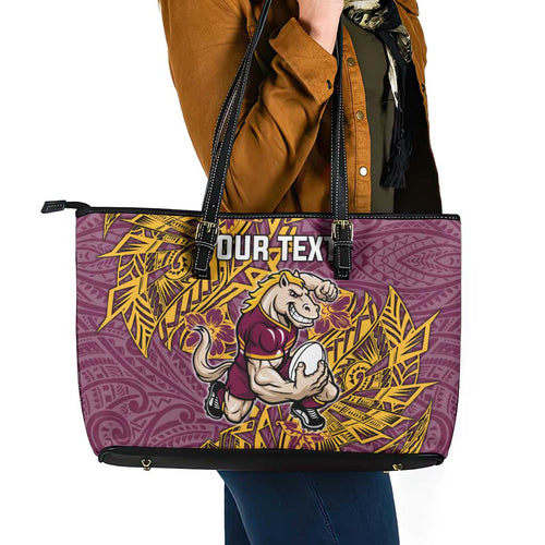 Personalised Brisbane Broncos Leather Tote Bag Polynesian Tribal Pattern With Rugby Horse Mascot Art